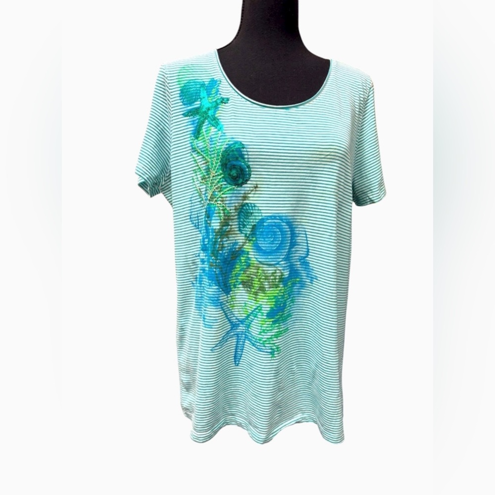 Laura Scott Cotton Green/Blue Sequence/Summertime Resort Wear Top size Large